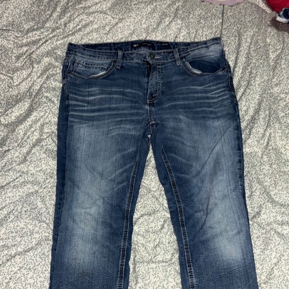 Blue Straight Jeans with Distressed Details